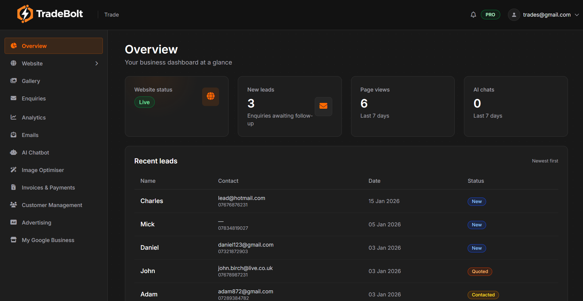 TradeBolt app dashboard showing leads, jobs, and customer tools