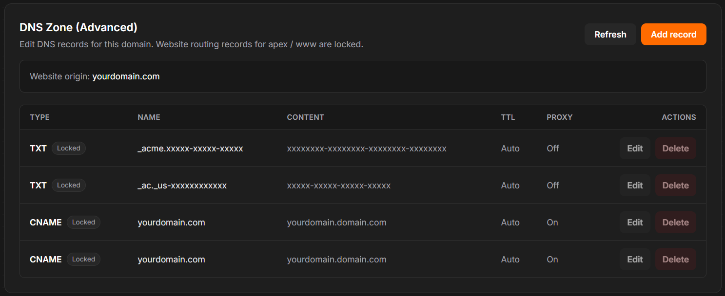 DNS zone editor in TradeBolt dashboard