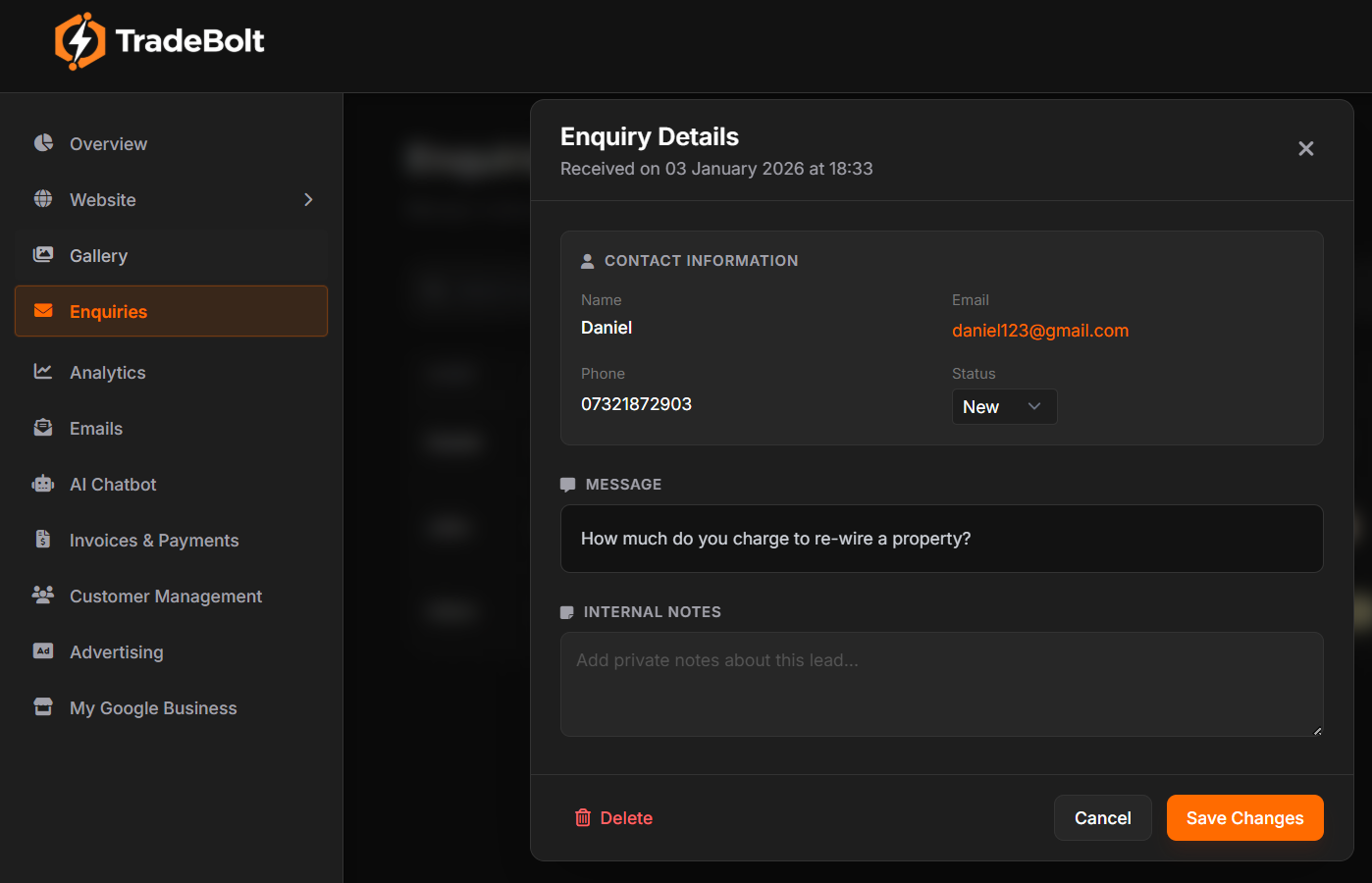 TradeBolt enquiry details